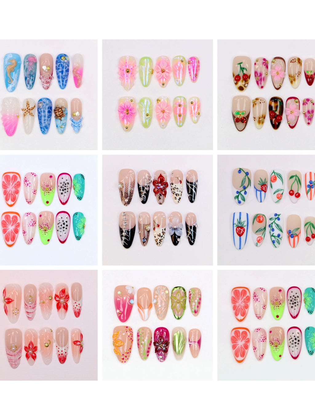 10Pcs Y2K Hand-Painted Stylish  Press On Nail,3D Acrylic Metallic Crystal Custom Design FreeStyle Almond Press Holiday Nails