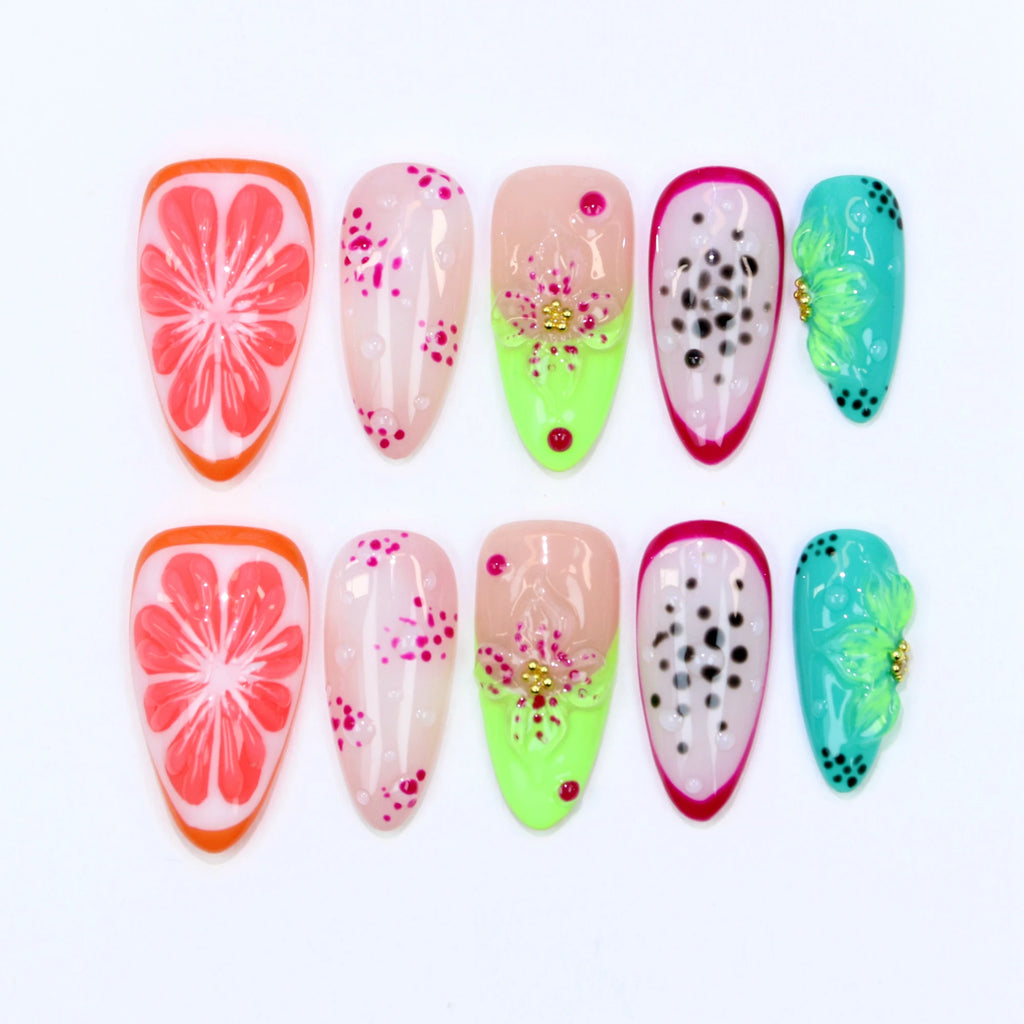 10Pcs Y2K Hand-Painted Stylish  Press On Nail,3D Acrylic Metallic Crystal Custom Design FreeStyle Almond Press Holiday Nails