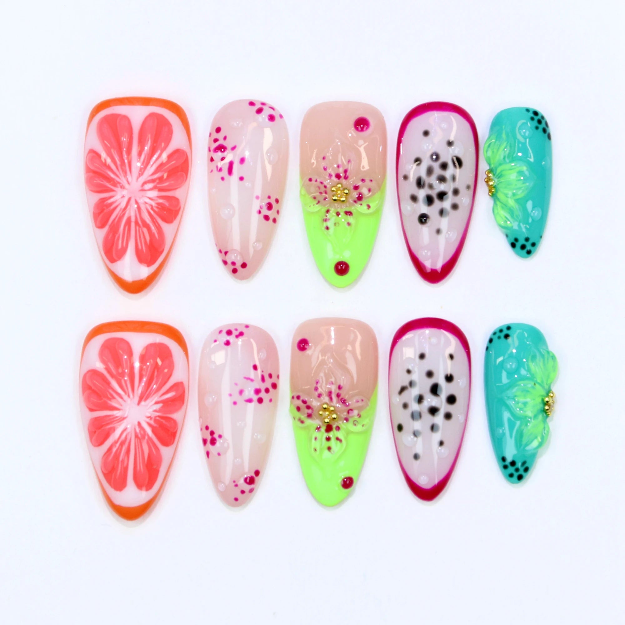 10Pcs Y2K Hand-Painted Stylish  Press On Nail,3D Acrylic Metallic Crystal Custom Design FreeStyle Almond Press Holiday Nails