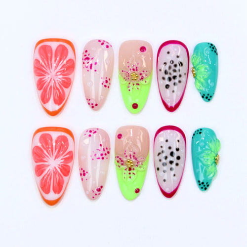 10Pcs Y2K Hand-Painted Stylish  Press On Nail,3D Acrylic Metallic Crystal Custom Design FreeStyle Almond Press Holiday Nails