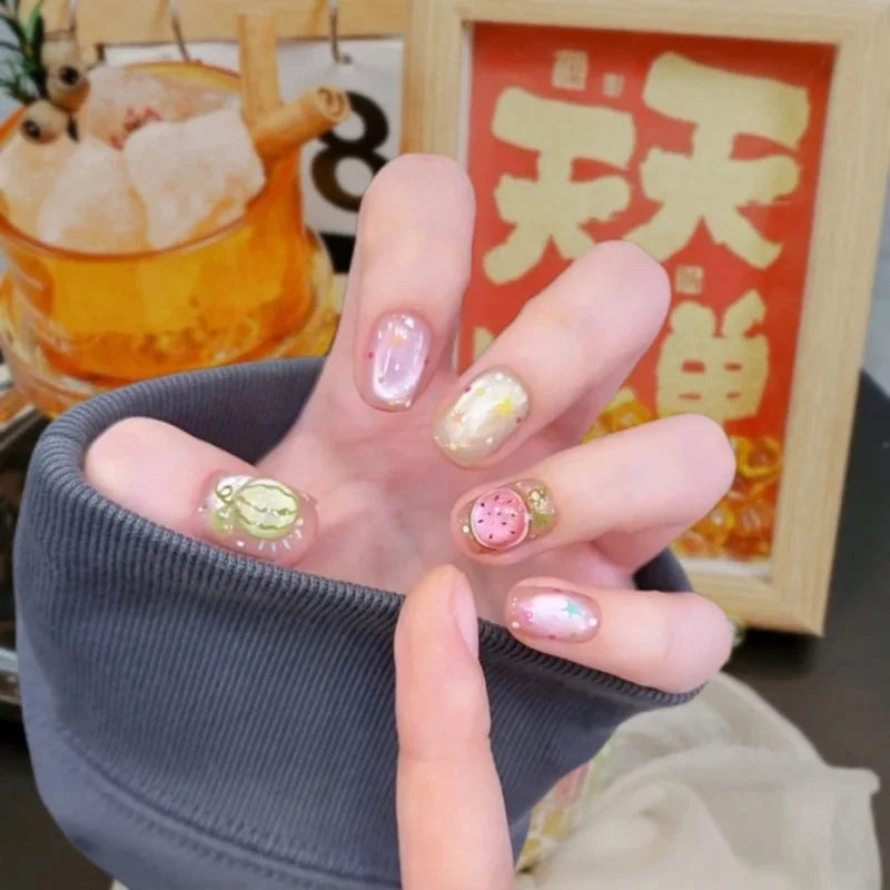 10pcs Handmade Press on Nails Short Square Watermelon Star-Moon  Full Coverage Nail Tips for Women&Girl Removable Wearable nail