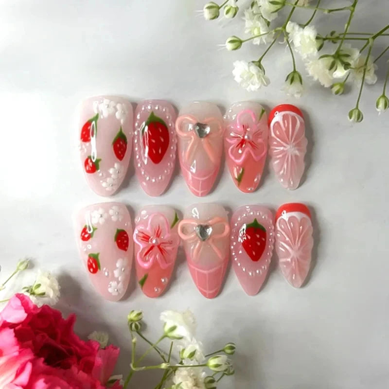 24Pcs 3D Strawberry Rabbit Flower Fake Nails Press on Mid-length Almond Wearable False Nails Green Gradient Pearl Manicure Tips