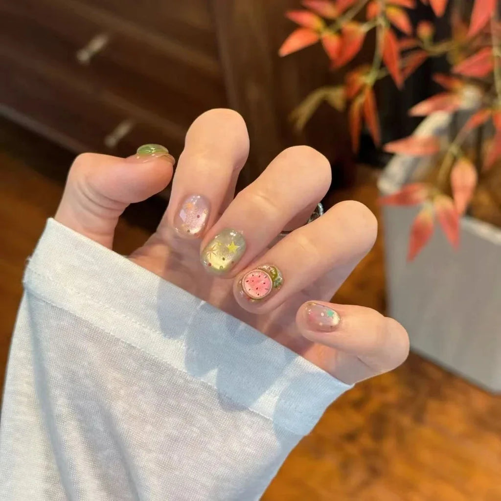 10pcs Handmade Press on Nails Short Square Watermelon Star-Moon  Full Coverage Nail Tips for Women&Girl Removable Wearable nail
