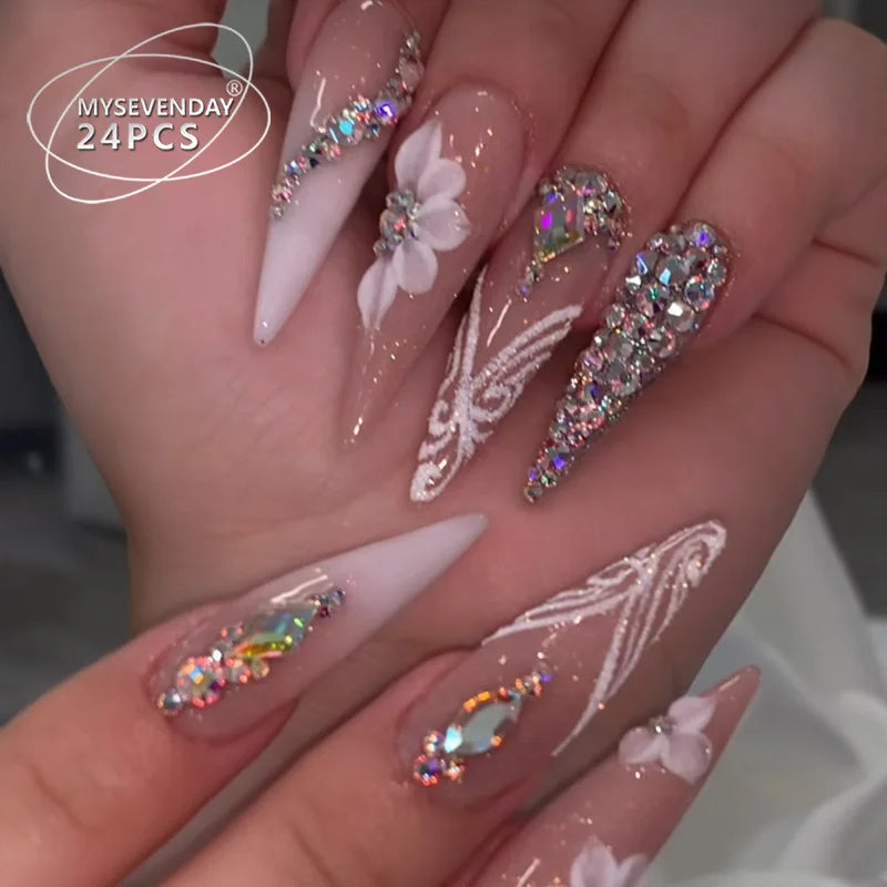 Y2K Hot Girl Floral Rhinestone Press On Nails Super Bling Glitter False Nail Tips Reusable Full Cover Fake Nails for Party Daily