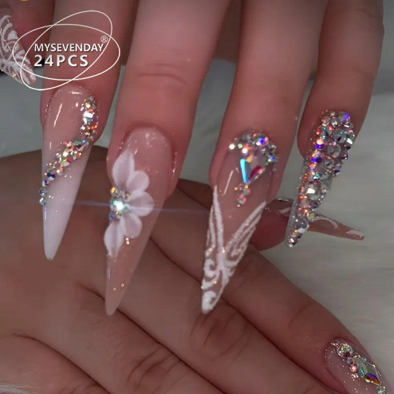 Y2K Hot Girl Floral Rhinestone Press On Nails Super Bling Glitter False Nail Tips Reusable Full Cover Fake Nails for Party Daily